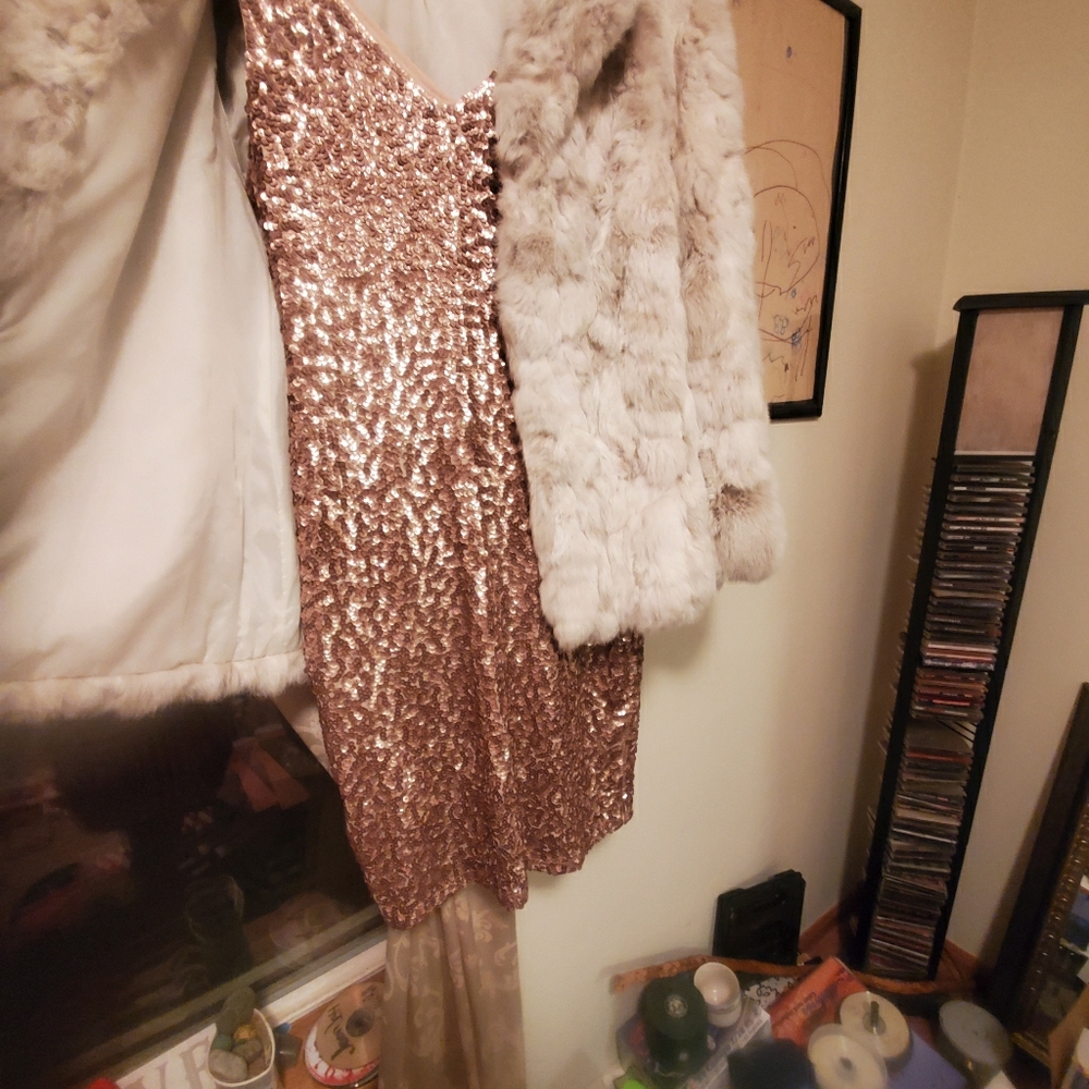 Gold sequin dress- fits a M-XL W/ rabbit fur coat